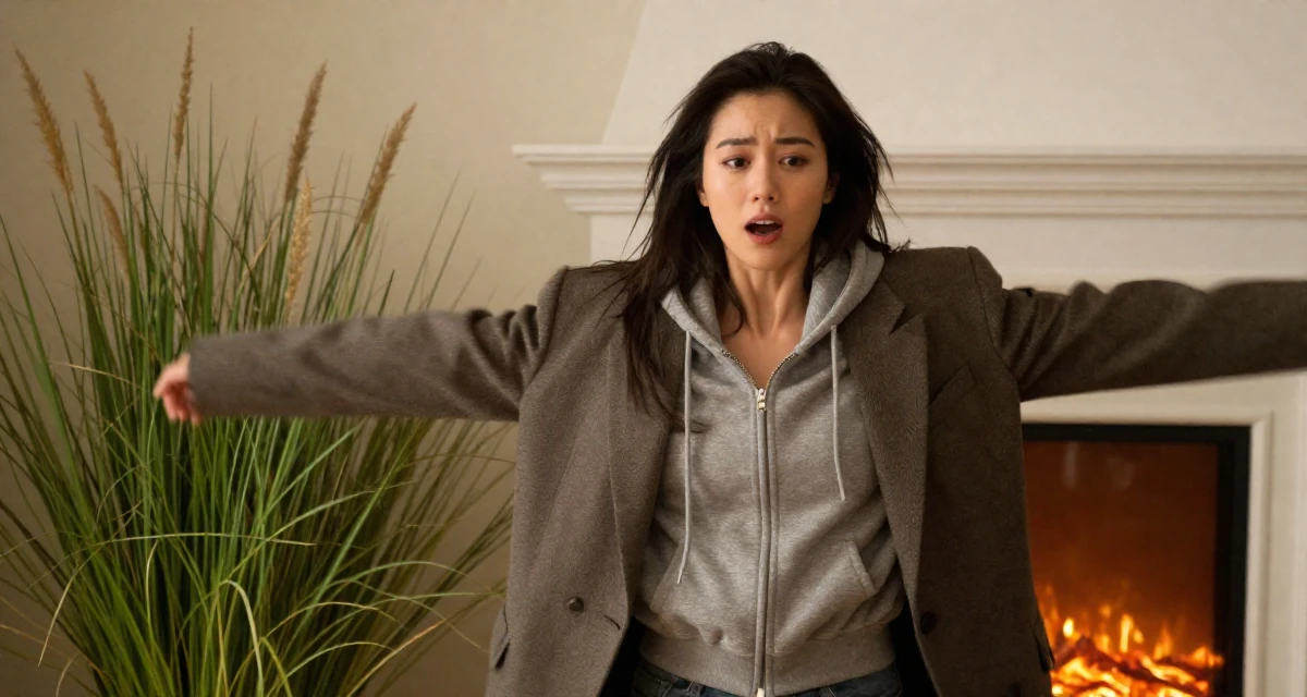 A emotionally moved Female From Wuhan China, studied marketing and communications in their 25, realizing fans respond to confident playful energy, wearing a oversized blazer draped over the shoulders, zipping up a hoodie in a home interior.