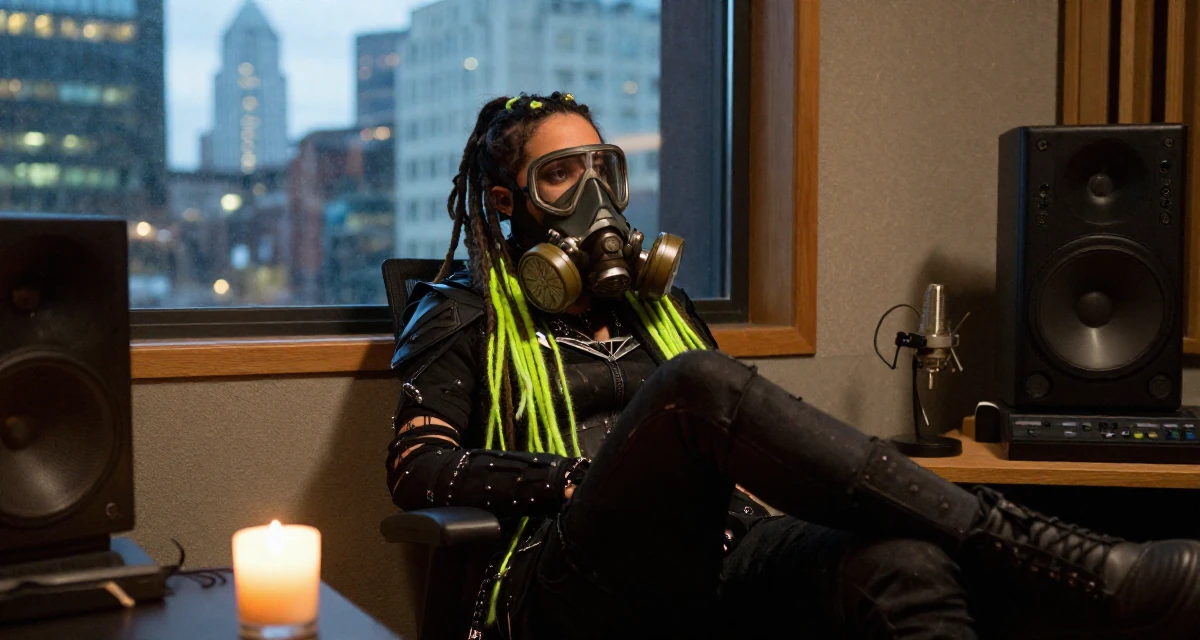 A vulnerable Female From UK, studied fashion marketing in London in their 25, realizing no one teaches emotional labor in creator work, wearing a cyber-goth outfit with gas mask and neon dreads, crossing legs in a music recording studio.