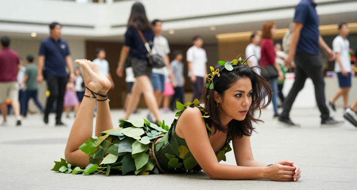A sophisticated Female From Singapore, based in Tampines, graduated from a polytechnic majoring in business analytics in their 37, creating educational content for children, wearing a forest dryad costume made of leaves and vines, messing up hair playfully in a banquet hall.