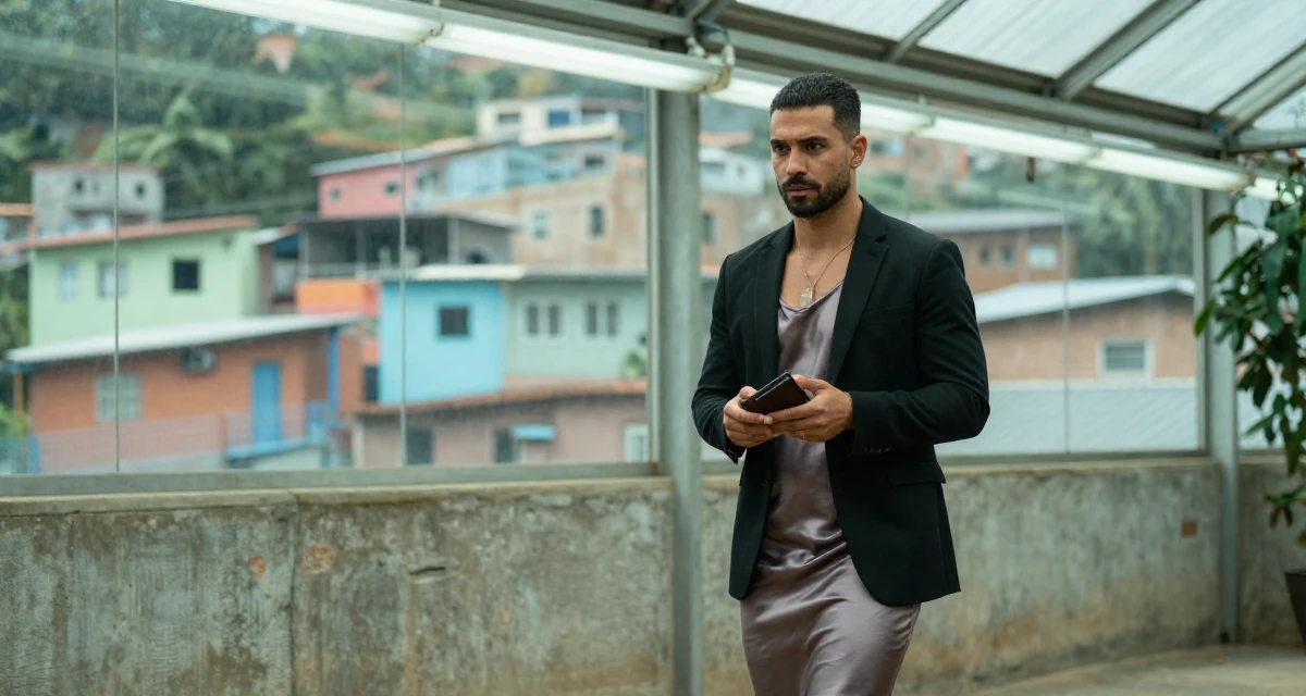 A observant male Former aerobics instructor, now filming premium workout sessions in their 22, confronting self-doubt in early career roles, wearing a satin slip skirt paired with a structured blazer, checking a wallet in a greenhouse interior.