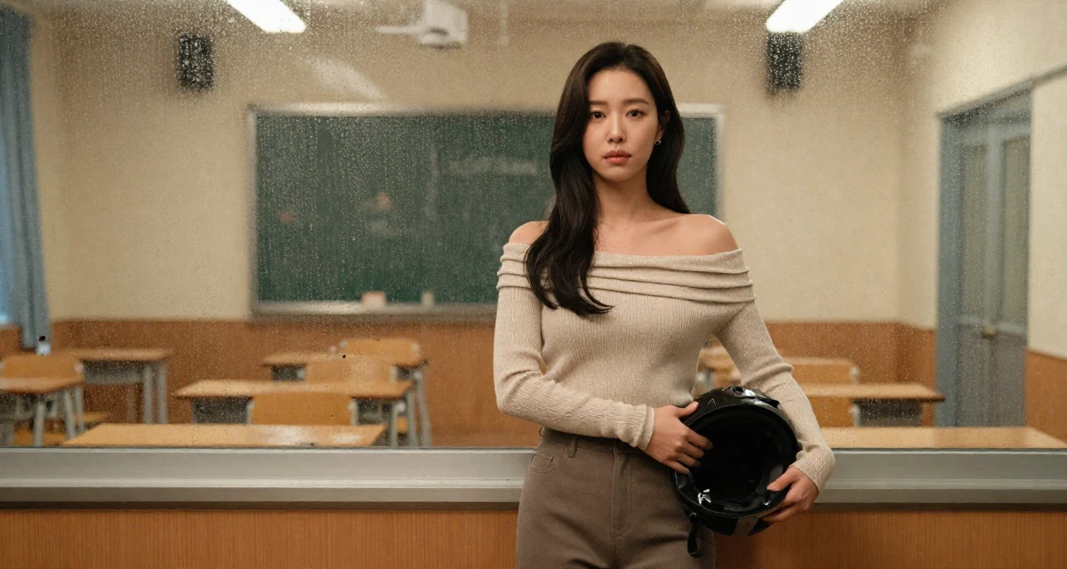 A proud and dignified Female From South Korea, based in Busan, graduated from a design institute majoring in visual communication in their 24, healing from past emotional wounds, wearing a off-the-shoulder knit top and fitted trousers, holding a helmet under one arm in a classroom setting.