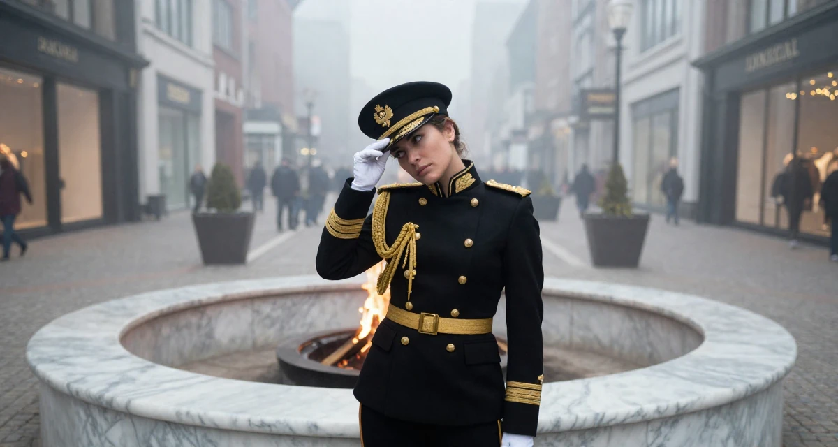 A dignified Female From Argentina, studied digital marketing in their 27, learning that passion doesn’t protect you from stress, wearing a military general uniform with gold braiding and a hat, taking a photo in a campfire circle.