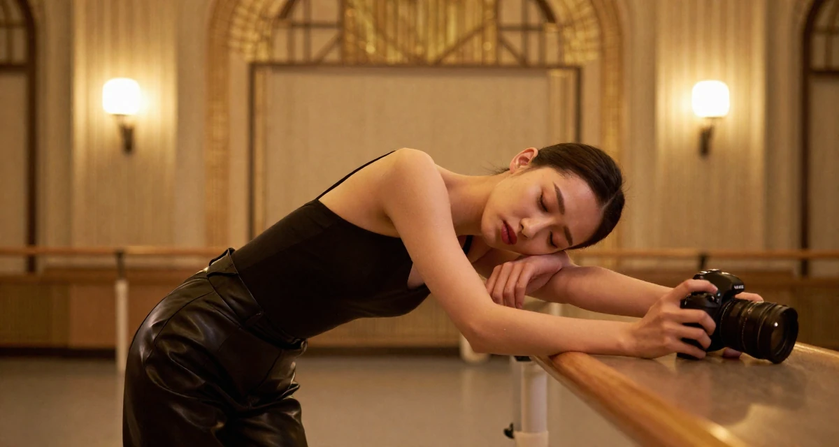 A sleepy Female From Chinese-speaking regions, majored in human resource development in their 25, dealing with nervousness before posting first video, wearing a sleek leather pants styling, holding a camera ready to shoot in a ballet studio.