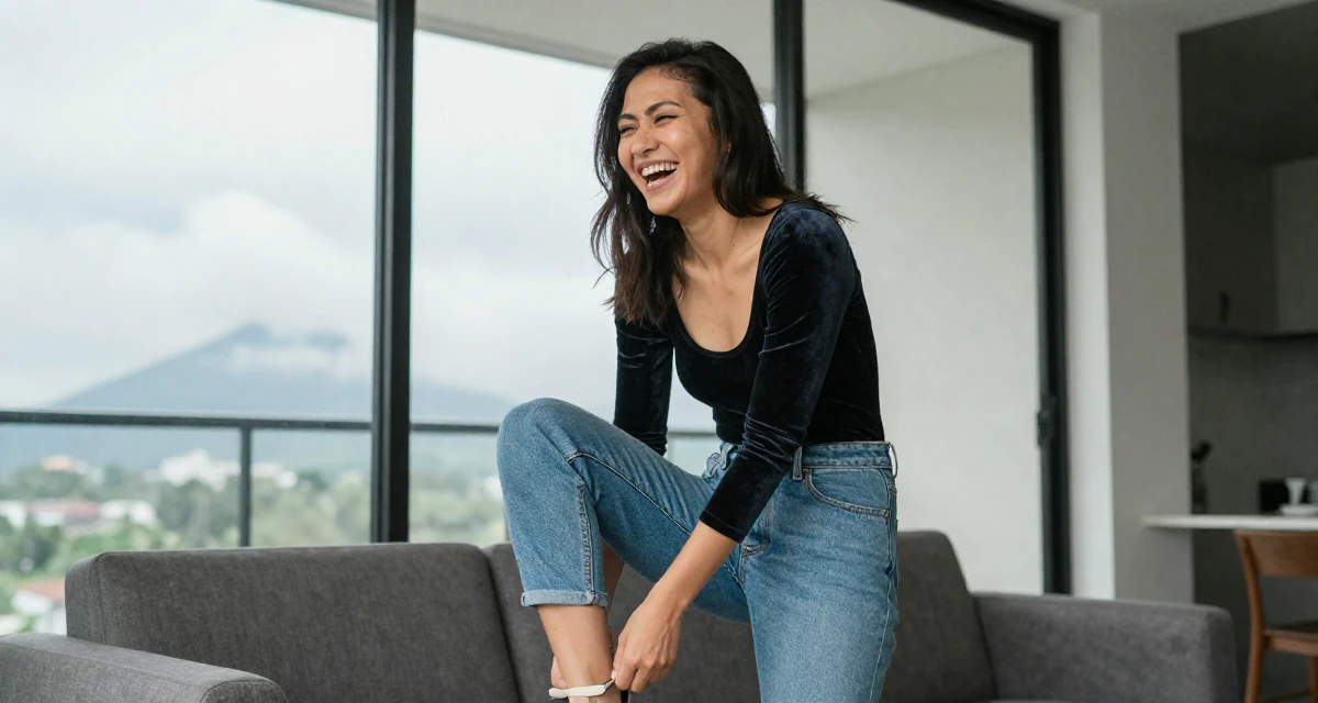 A distracted Female From Johor Malaysia, studied early childhood education in their 24, prioritizing mental health over the grind, wearing a velvet bodysuit and high-waisted mom jeans, laughing uncontrollably in a modern apartment living room.