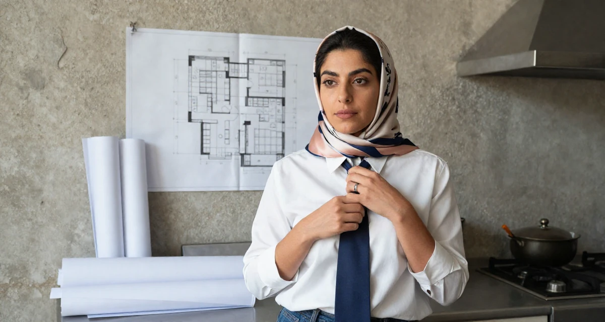 A dignified Female From Algeria, studied visual communication in their 32, urban explorer finding beauty in the city, wearing a silk scarf tied around the neck of a white shirt, playing with a tie in a rustic kitchen.
