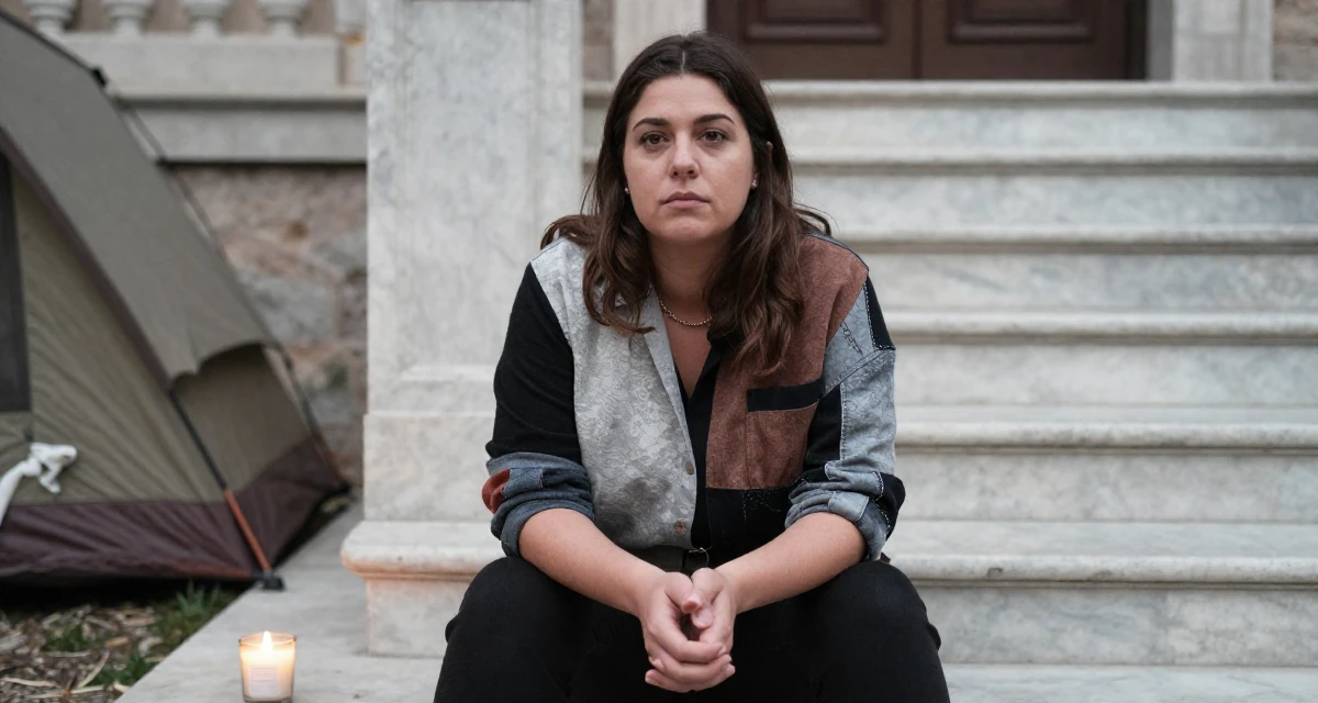 A guarded Female From Milan Italy, studied fashion styling in their 43, documenting a weight loss maintenance journey, wearing a artistic layered clothing, clasping hands together in a camping site.