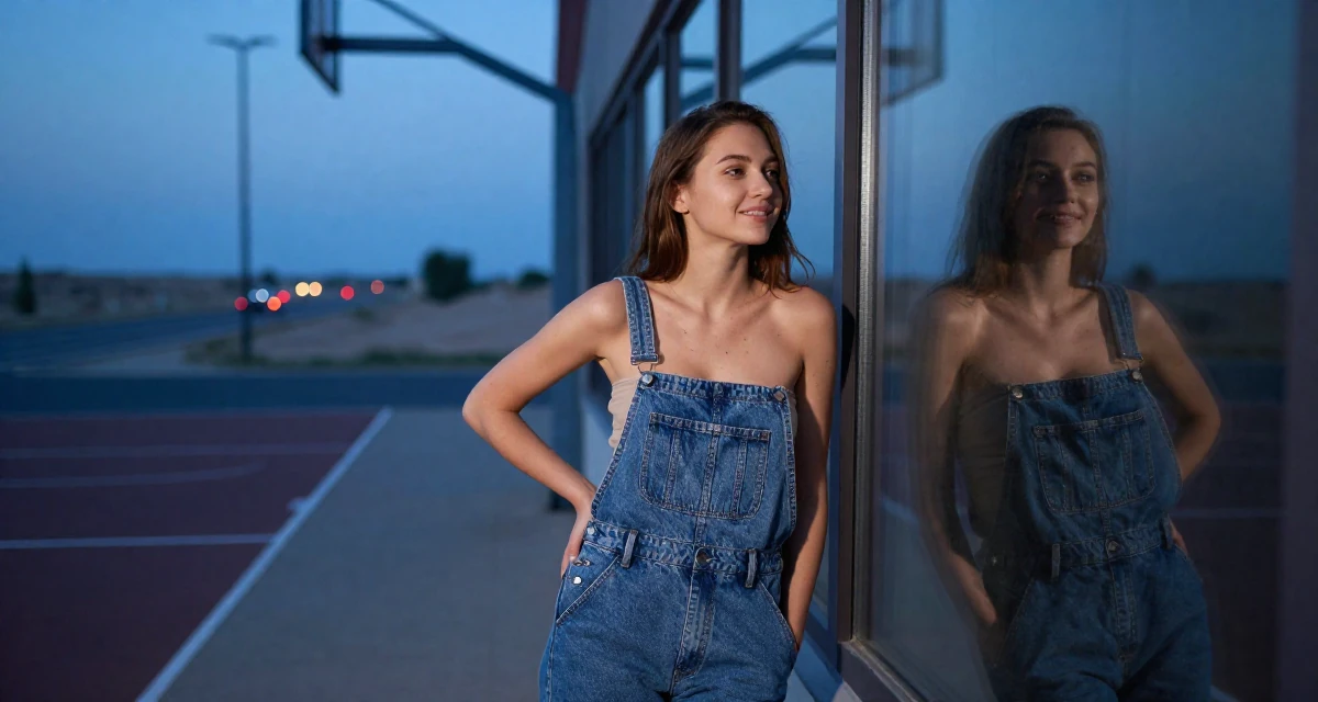 A amused Female From Ukraine, has a degree in interior design in their 23, feeling behind in life despite being so young, wearing a tube top and oversized denim overalls with one strap down, looking at a reflection in a window in a basketball court.