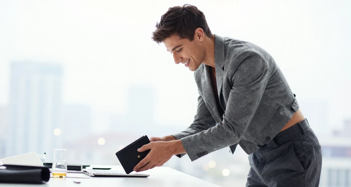 A friendly and approachable male From Italy, based in Milan, graduated from a design school majoring in sensual visual communication in their 25, balancing innocence and boldness in early shoots, wearing a cropped business jacket and high-waisted pants, checking a wallet in a photo studio.