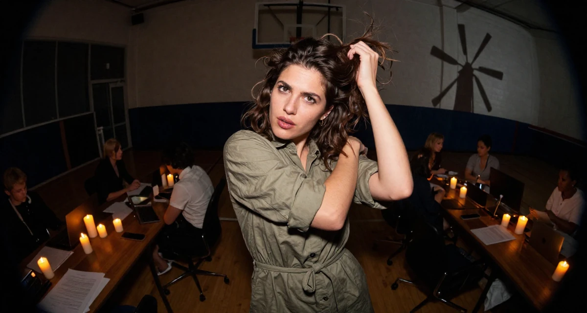 A relaxed and carefree Female Previously a bartender, now expressing nightlife energy through content in their 22, feeling imposter syndrome in office meetings, wearing a belted shirt dress with rolled sleeves, messing up hair playfully in a basketball court.