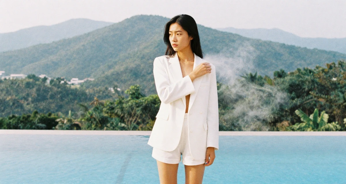 A judgemental Female From Kaohsiung Taiwan, started modeling while studying visual design in their 25, transitioning from teenage habits to adult routines, wearing a white blazer and matching white shorts, dusting off the shoulder in a swimming pool.
