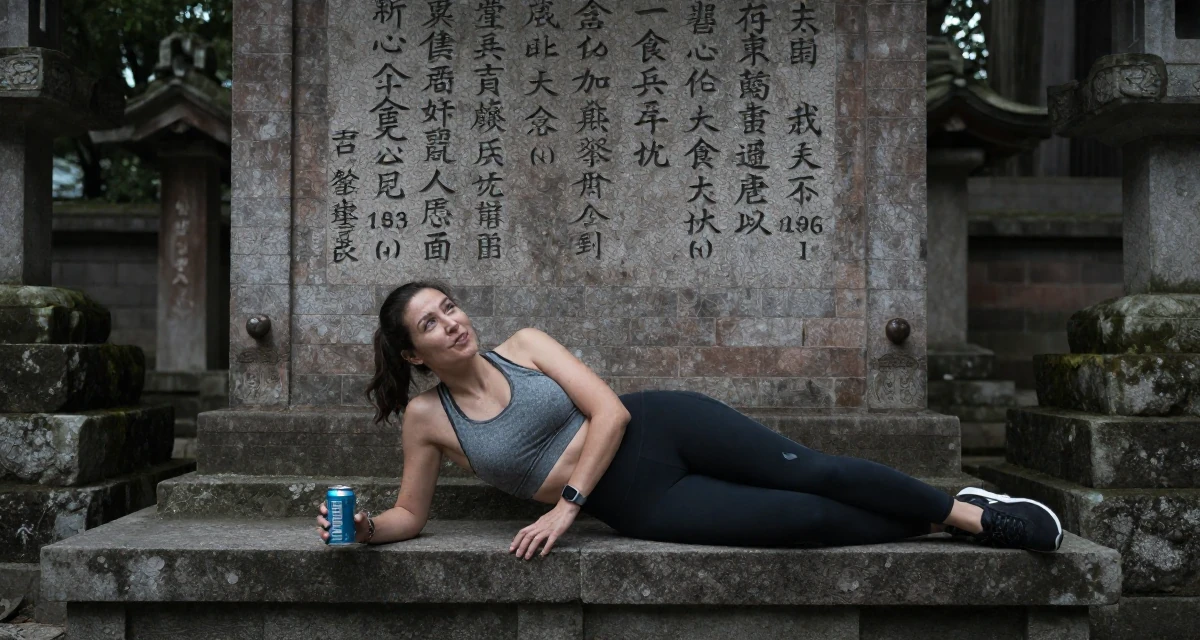 A playful and energetic Female From Hamburg Germany, majored in sociology in their 30, embracing a new level of self-assurance, wearing a sporty athleisure look, holding a beverage can in a Japanese Shinto shrine.