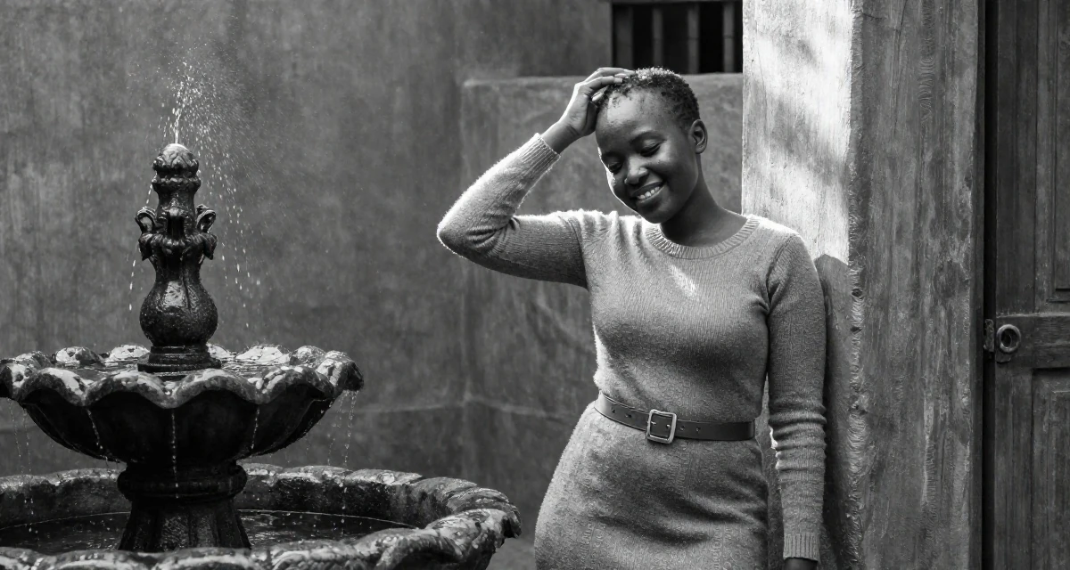 A blissful Female From Mombasa Kenya, studied hospitality in their 38, capturing cinematic moments of daily life, wearing a form-fitting sweater dress with a belt, scratching a head lightly in a dungeon cell.