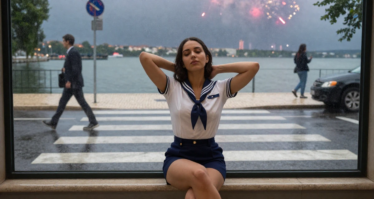 A placid Female From Lisbon Portugal, majored in digital communication in their 21, seeking internships and professional validation, wearing a vintage pin-up sailor outfit with high-waisted shorts, stretching the neck in a busy crosswalk.