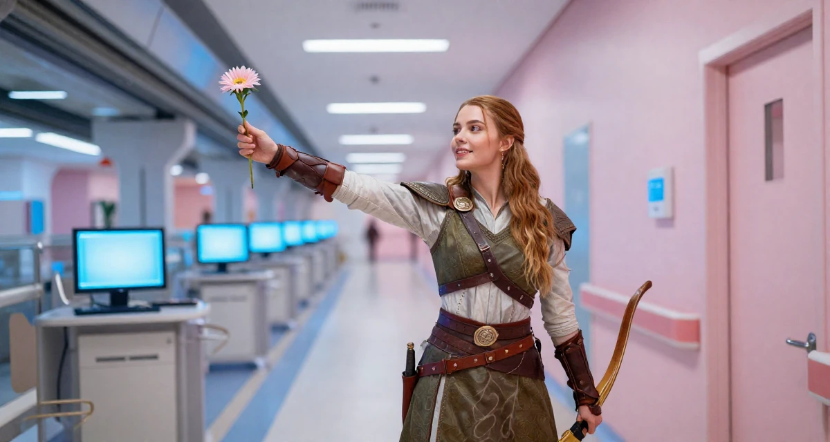A glowing Female Former software engineer at 25, now crafting premium lifestyle content in their 25, understanding which content gains real engagement, wearing a fantasy elven archer outfit with leather armor details, holding a single flower in a hospital corridor.