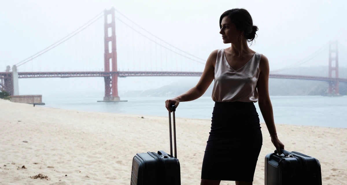 A soft Female From Saint Petersburg Russia, studied fine arts in their 35, sharing the journey of learning a new language, wearing a sleeveless silk top and a high-waisted skirt, pulling a suitcase in a tropical white sand beach.