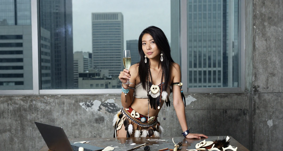 A confident and poised Female From Japan, majored in psychology in their 25, developing discipline through daily habits, wearing a tribal shaman outfit with feathers and bones, holding a champagne glass in a messy desk.