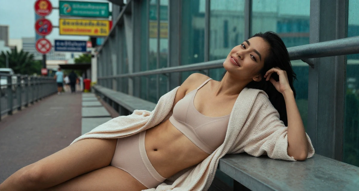 A upbeat Female From Thailand, majored in entertainment business in their 23, looking sophisticated but feeling lost inside, wearing a soft cotton underwear set worn with an open robe, resting hands on a table in a bridge walkway.
