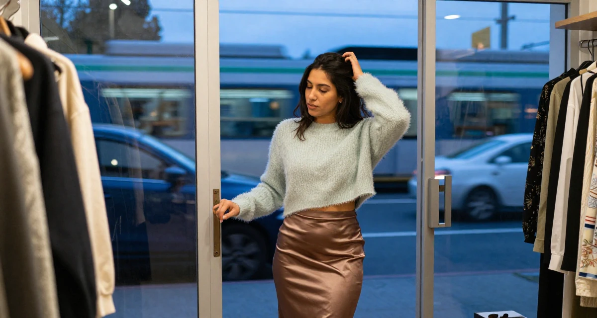 A soulful Female From Colombia, based in Cali, graduated from a local arts school majoring in glam-focused digital media in their 25, exploring safe ways to promote content without judgment, wearing a satin midi skirt and a fuzzy cropped sweater, opening a door in a clothing boutique.