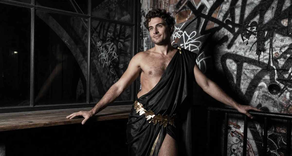 A sympathetic male From Berlin Germany, holds a degree in media engineering in their 22, transitioning to more confident, sensual poses, wearing a greek goddess toga with gold leaf accessories, leaning on a railing in a graffiti art wall.
