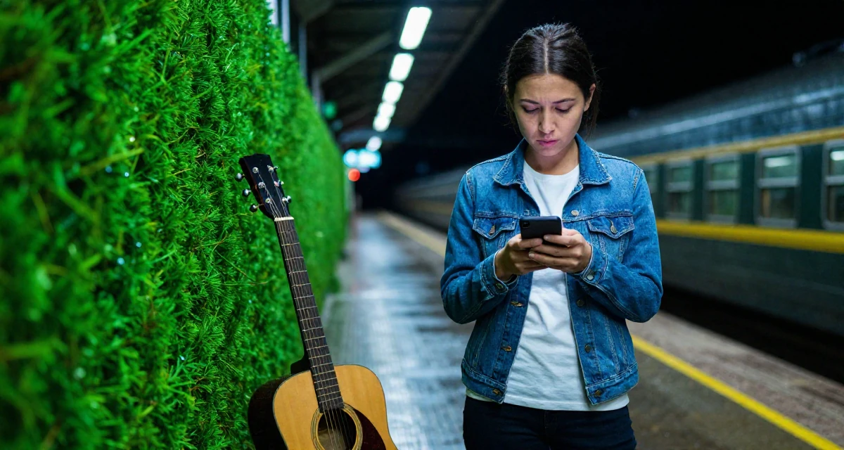 A pensive Female Former hotel concierge, now offering luxury-inspired lifestyle content in their 27, dealing with the pressure of peers getting married, wearing a classic denim jacket and white tee, reading a text message in a train platform.