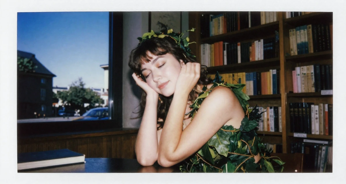 A sleepy Female From Oslo Norway, majored in music technology in their 25, learning lighting tricks that highlight sensual curves safely, wearing a forest dryad costume made of leaves and vines, tucking hair behind an ear in a vintage bookstore.