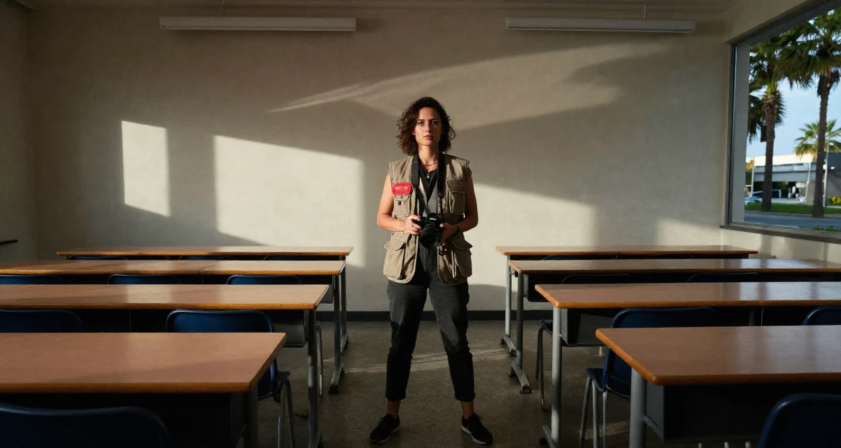 A assertive Female From Luxembourg, studied European business law in their 42, passionate about sustainable luxury living, wearing a urban explorer utility vest look, holding a camera in a classroom setting.