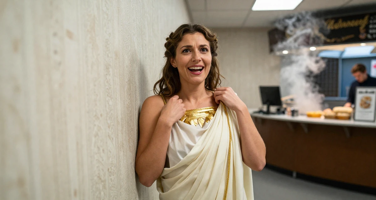 A anxious but excited Female From Austria, based in Graz, graduated from an arts academy majoring in emotional portrait direction in their 44, navigating divorce and finding new happiness, wearing a greek goddess toga with gold leaf accessories, adjusting a collar in a office break room.