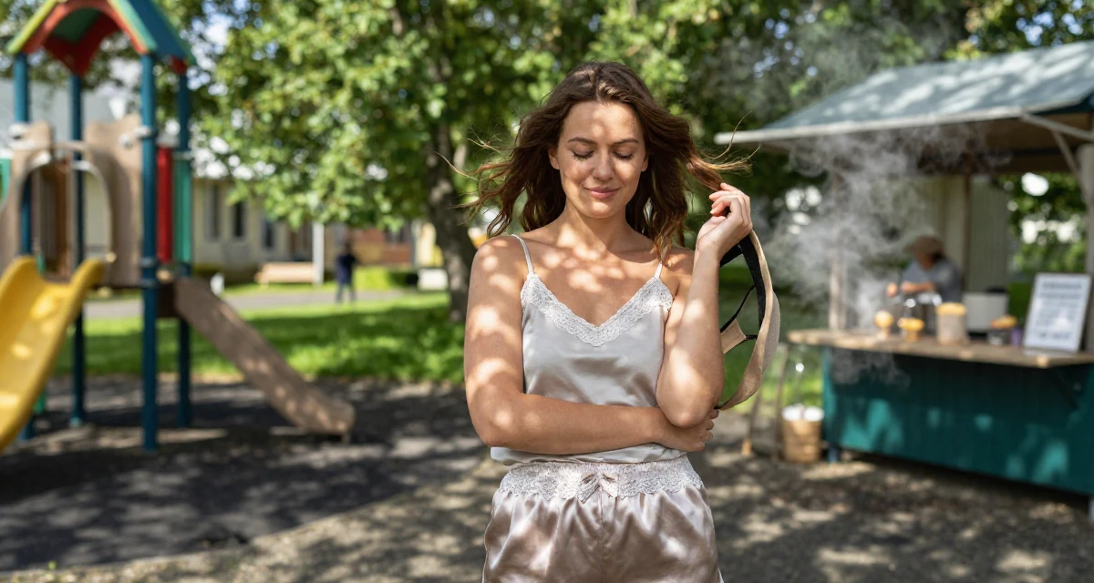 A pleased Female From Iceland, majored in renewable energy studies in their 31, feeling the biological clock or societal pressure, wearing a lace-trimmed camisole and silk lounge shorts, holding a hat against the wind in a school playground.
