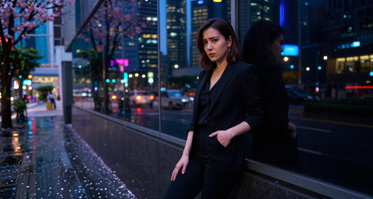 A worried Female From Singapore, has a degree in business management in their 23, discovering the allure of slow, controlled movement, wearing a monochromatic black outfit, sliding a hand into a pocket in a city sidewalk.
