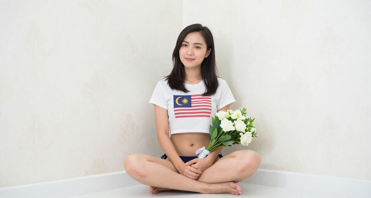 A quietly content Female From Kuala Lumpur Malaysia, majored in accounting in their 26, seeking deeper meaning in daily work, wearing a cropped graphic tee and bikini bottoms, holding a bouquet in a quiet library corner.