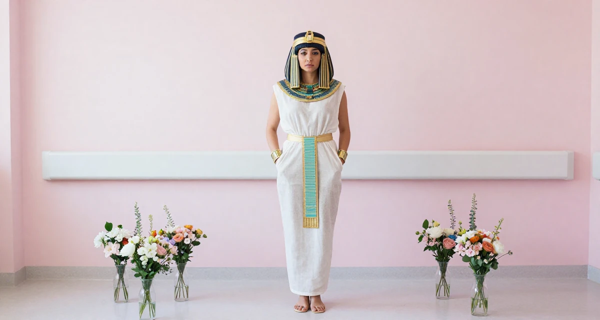 A cold and distant Female Former florist assistant, now making soft, romantic aesthetic content in their 25, taking first steps toward financial autonomy, wearing a egyptian queen costume with gold collar and linen, putting hands in pockets in a hospital corridor.