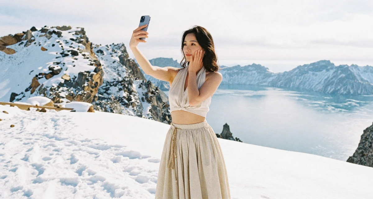 A contented Female From Hangzhou China, majored in visual arts in their 26, facing the fear of aging out before even “making it”, wearing a halter neck crop top and a flowing maxi skirt, posing for a selfie in a snowy mountain peak.