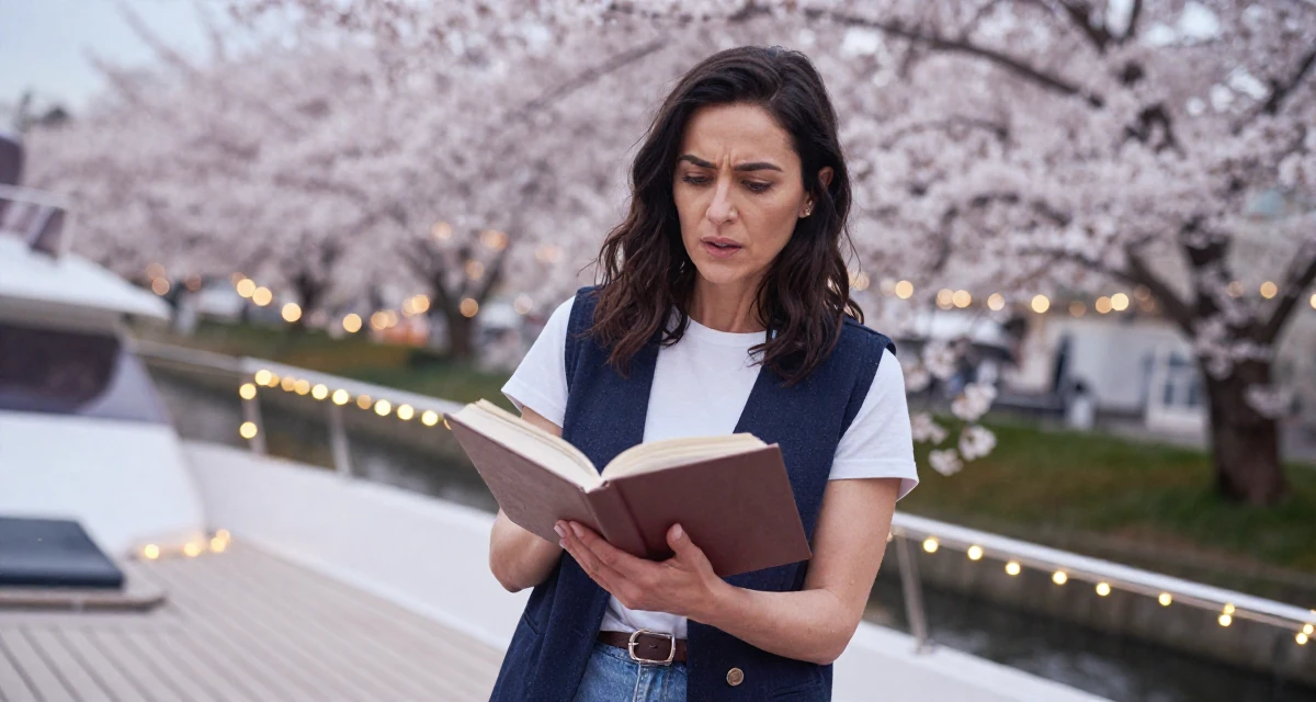 A poised Female Previously a stay-at-home mom, now monetizing relatable lifestyle content in their 23, saving aggressively for a dream travel trip, wearing a casual vest and t-shirt layer, opening a book in a yacht deck.