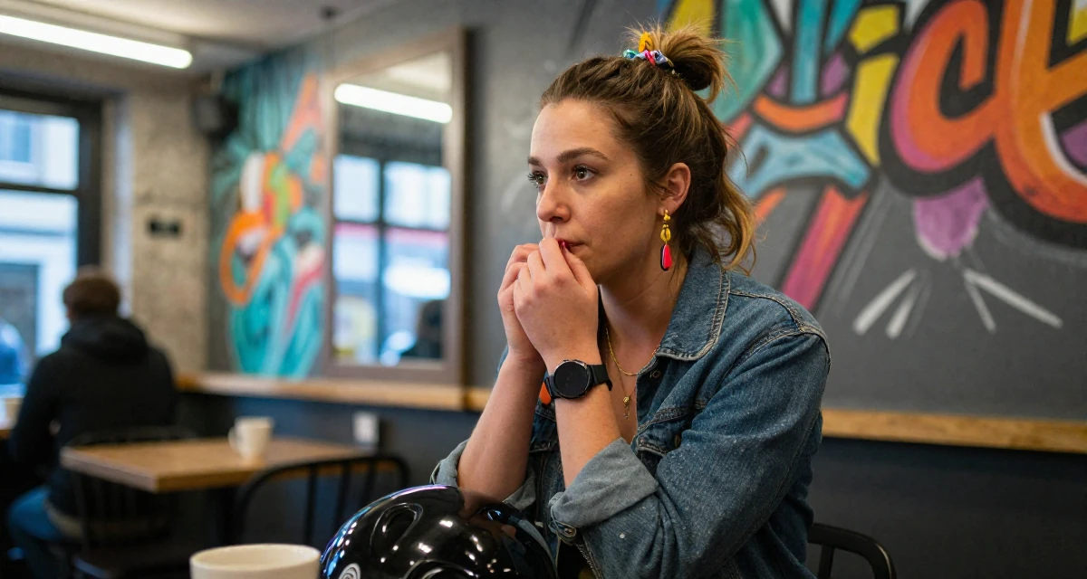 A contemplative Female From Netherlands, studied media and culture in their 25, saving up for the first major independent purchase, wearing a pop of color accessory look, holding a helmet in a coffee shop corner.