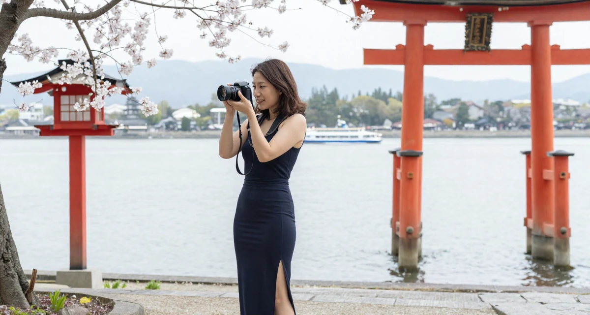 A radiant Female From Netherlands, studied digital media and interaction design in their 24, analyzing long-term compatibility in dating, wearing a long pencil skirt with a high side slit, holding a camera ready to shoot in a Japanese Shinto shrine.