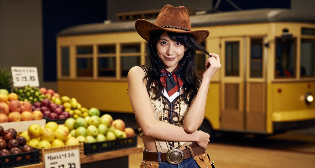 A satisfied Female From Japan, majored in interactive media in their 25, learning to flirt through camera presence alone, wearing a wild west cowgirl outfit with chaps and a hat, running fingers through hair in a music studio.