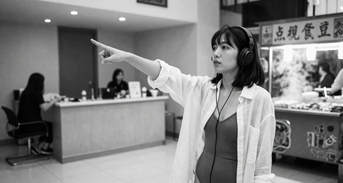 A absent-minded Female From Taiwan, studied visual communication design in their 21, drifting between different friend groups, wearing a translucent linen shirt worn over a swimsuit, listening to music with headphones in a modern apartment.