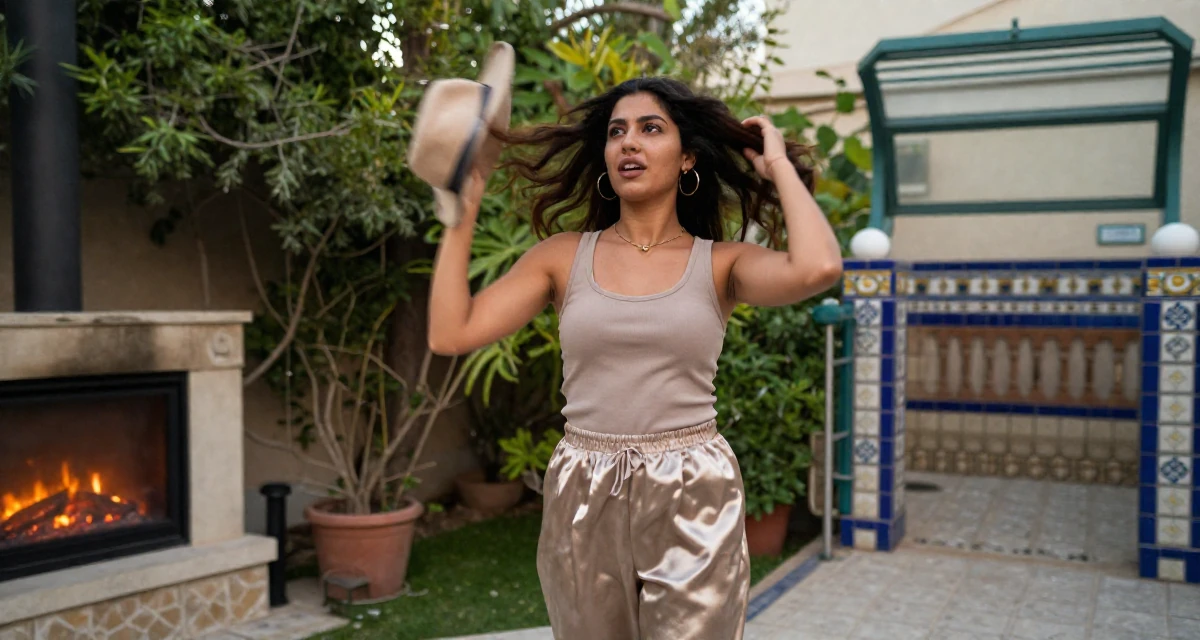 A spirited Female From Qatar, majored in media production and editing in their 25, discovering early creative passions, wearing a loose silk trousers and a fitted tank top, holding a hat against the wind in a backyard garden.
