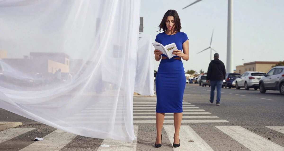 A worried Female From Libya, studied marine engineering in their 30, planning adult responsibilities with unstable cash flow, wearing a fitted midi dress with a cutout at the waist, turning a page in a busy crosswalk.