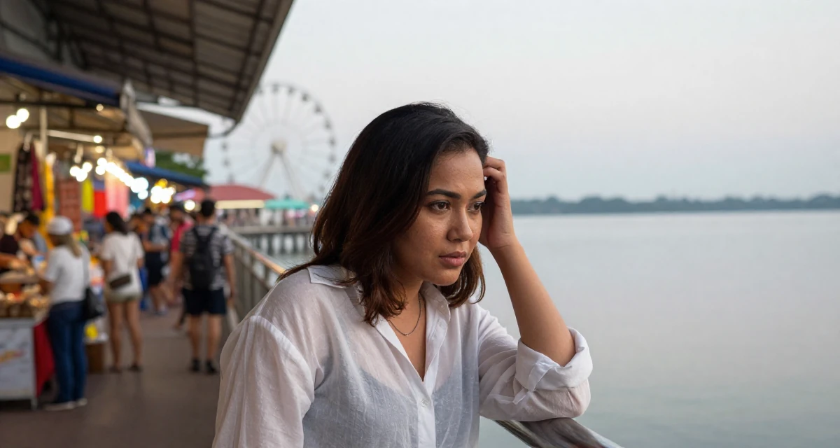 A quiet Female From Johor Malaysia, learned portrait photography through freelance work in their 23, balancing bold expression with emotional boundaries, wearing a translucent white blouse and a dark bra underneath, scratching a head lightly in a opera house balcony.