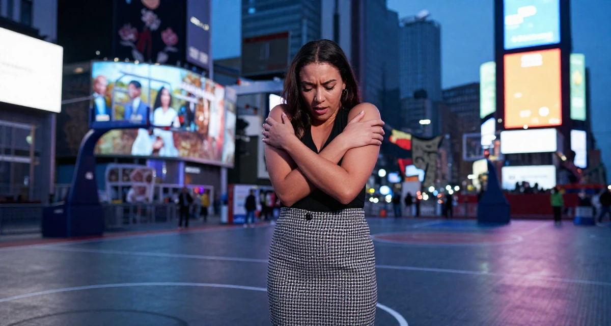 A anxious but excited Female From South Africa, based in Cape Town, graduated from a fashion university majoring in body-positive styling in their 27, dealing with the pressure of peers getting married, wearing a houndstooth pattern skirt and black top, looking down at the ground shyly in a basketball court.