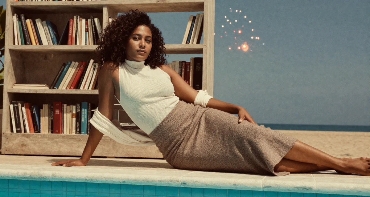 A settled Female From Mombasa Kenya, practiced swimwear aesthetics in coastal campaigns in their 53, dealing with declining energy levels, wearing a ribbed mock neck top and a long wool skirt, rolling up sleeves in a swimming pool.