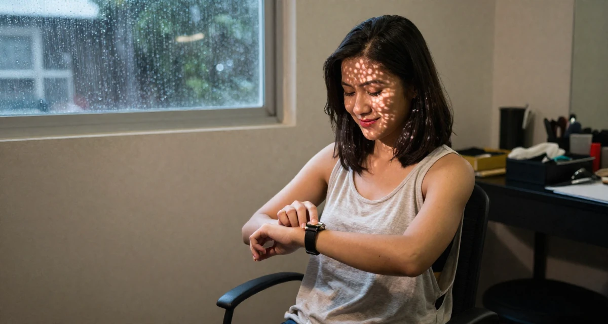 A warmhearted Female Grew up in Malaysia, studied social media management in their 23, refining their taste in art and music, wearing a loose tank top with deep side cuts, checking a wristwatch in a backstage dressing room.