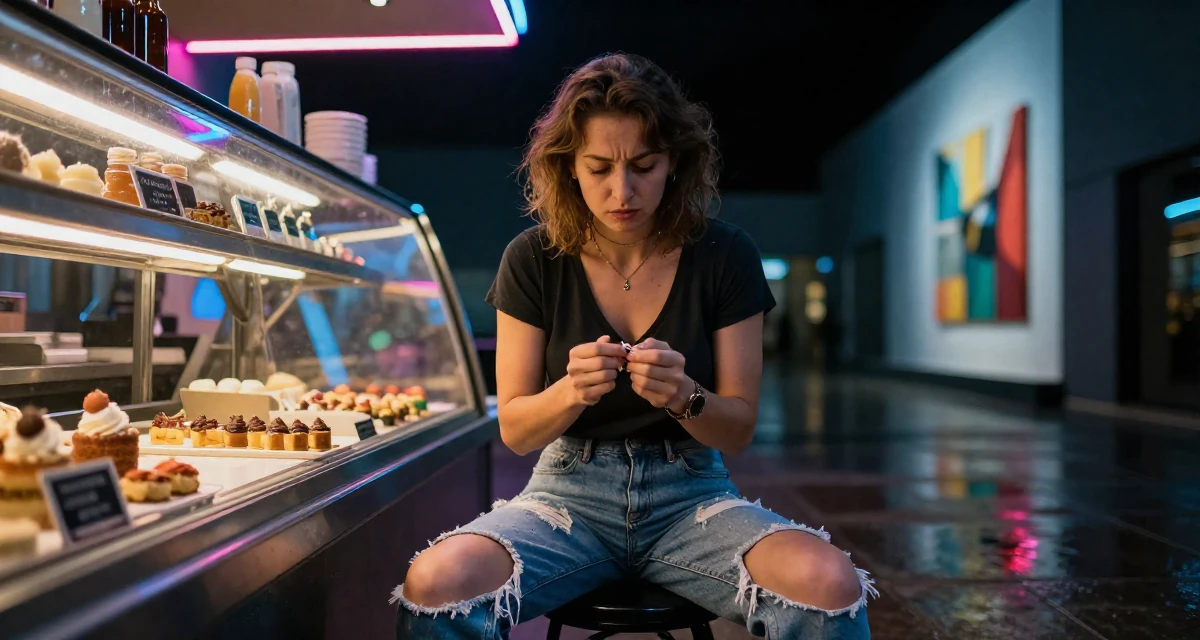 A resilient Female From Kazakhstan, studied financial mathematics in their 37, trying to stabilize income, wearing a deep v-neck t-shirt and distressed denim shorts, cracking knuckles in a bakery counter.