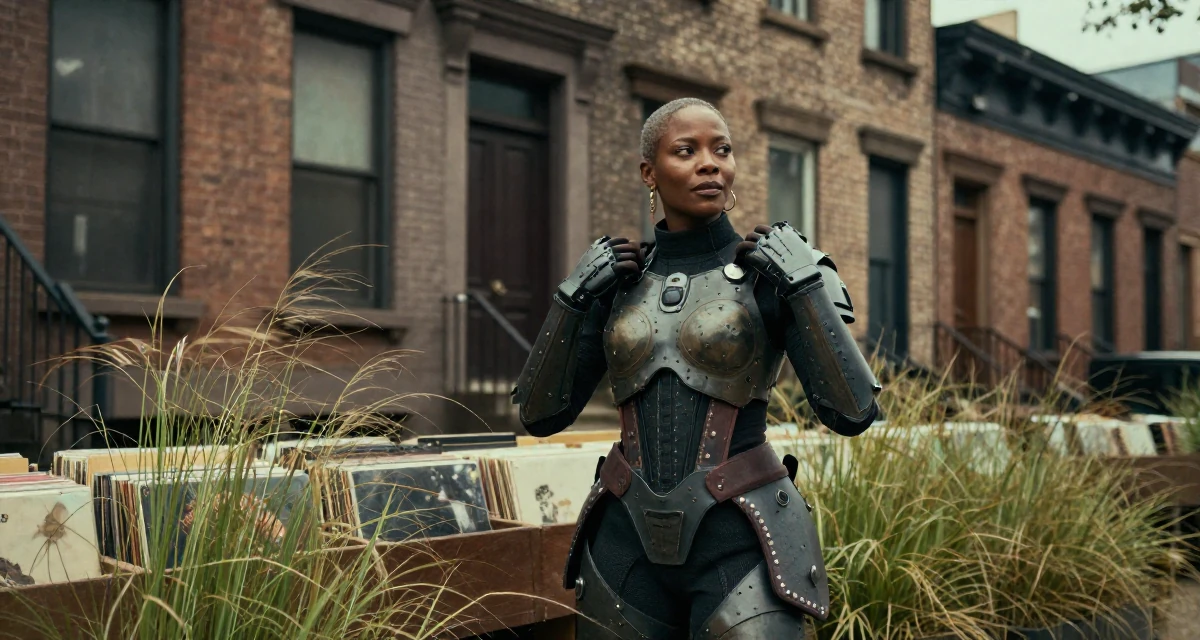 A radiant Female From Lagos Nigeria, majored in digital marketing in their 50, exploring semi-retirement options, wearing a biopunk organic armor suit, adjusting a shoulder strap in a vintage record store.