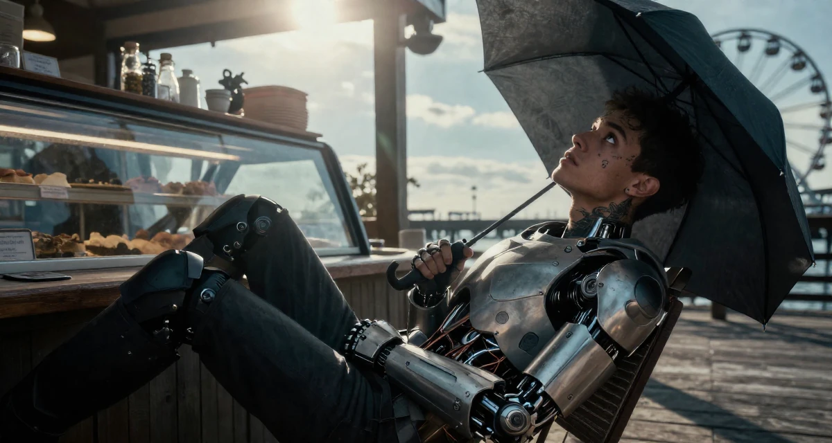 A curious and focused male Once a tattoo apprentice, now a creator blending ink culture and lifestyle in their 25, managing tight budgets as a student, wearing a futuristic android body armor with exposed mechanical parts, holding an umbrella in a bakery counter.