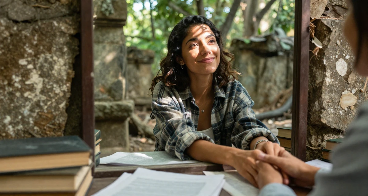 A hopeful Female From Mexico, majored in global trade in their 33, struggling with work-life balance, wearing a oversized flannel shirt unbuttoned over a crop top, holding hands with someone unseen in a vanity mirror.