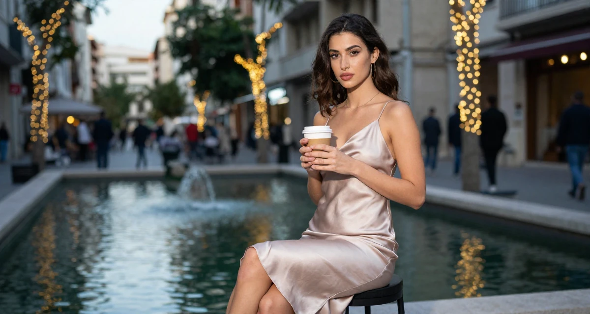 A confident and poised Female From Lebanon, based in Beirut, graduated from a creative institute majoring in expressive photoshoot styling in their 24, choosing props that elevate sensual tension, wearing a silk slip dress in a soft neutral tone, holding a coffee cup with both hands in a urban street.