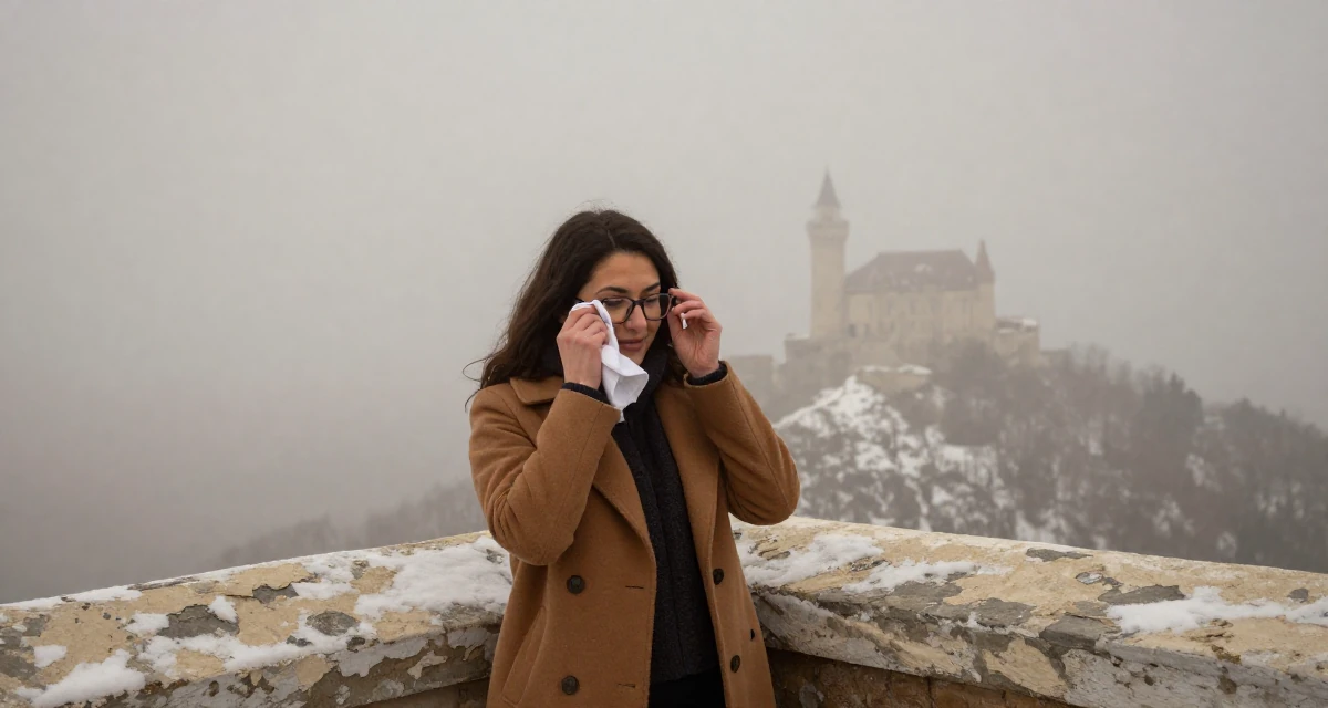 A satisfied Female From Ankara Türkiye, practiced intimate photography aesthetics in their 24, exploring unconventional career paths, wearing a warm winter layered look, cleaning glasses with a cloth in a snowy mountain peak.