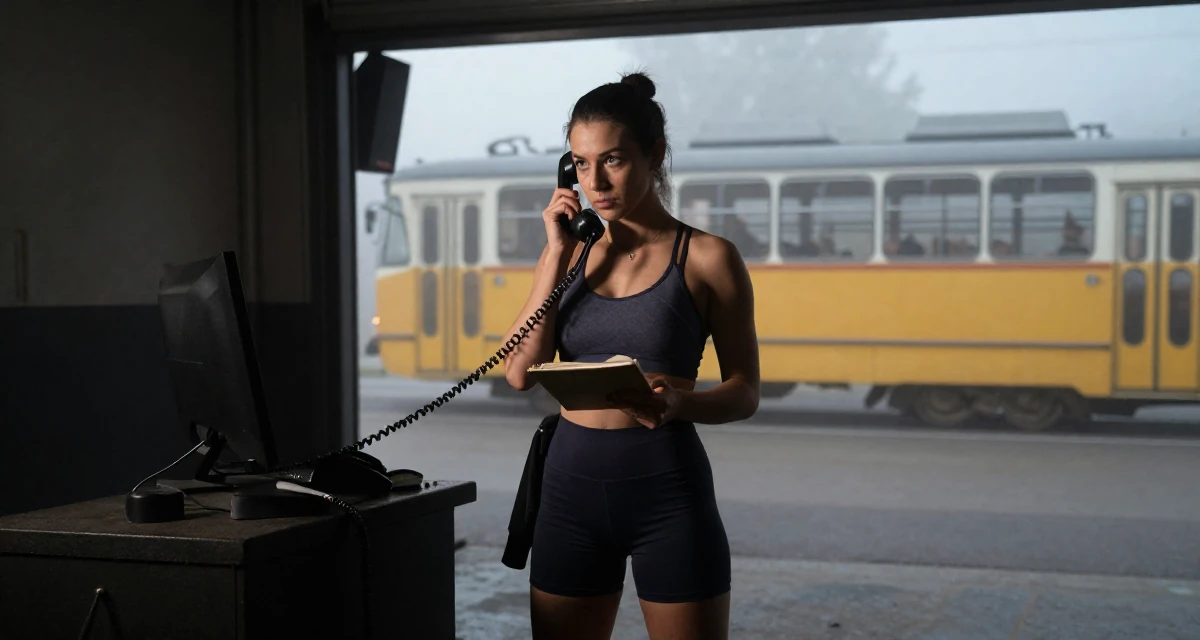 A aloof but intriguing Female From Kraków Poland, studied emotional choreography in contemporary dance in their 29, battling algorithm changes that destroy momentum, wearing a strappy gym top and compression shorts, holding a notebook in a mechanic garage.